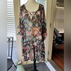 One World sheer brown floral hi lo cover up size 1x